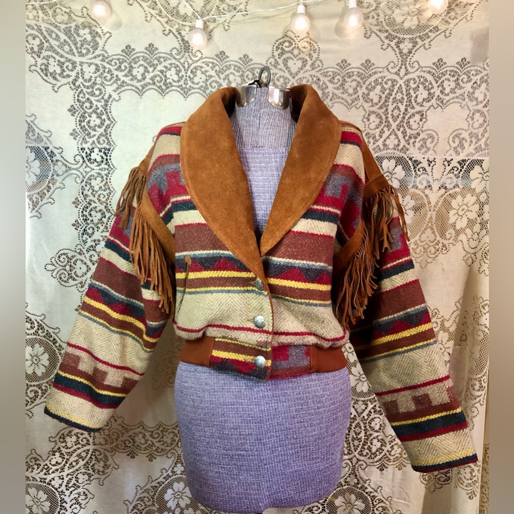 Vintage Pioneer wear leather wool jacket western fringe medium Yellowstone